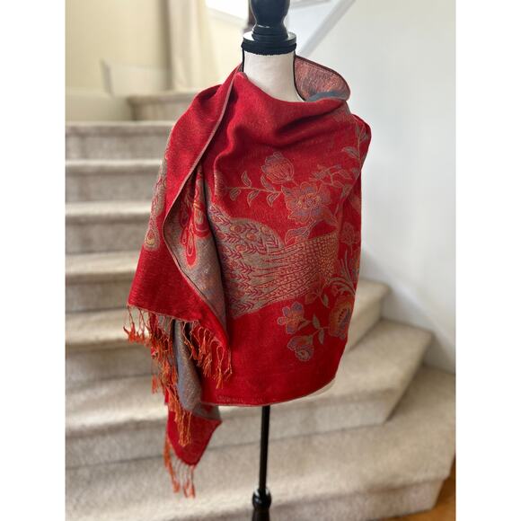 Pashmina Silk Cashmere Red Blue Metallic Gold Peacock Wrap Scarf - Picture 1 of 8